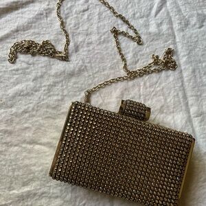 Vintage Y2K Cache Gold Crystal-Embellished Evening Clutch with attachable chain